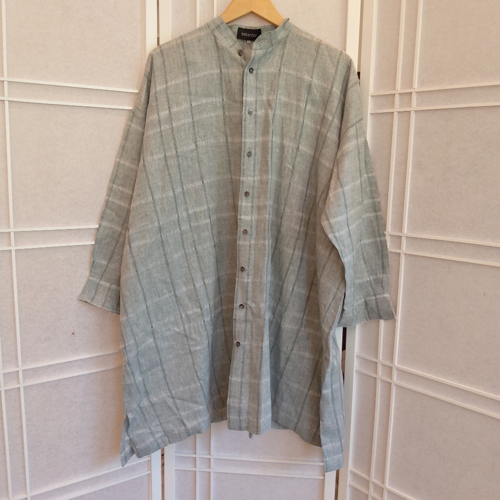 Eskandar Green Oversized Tunic with Mandarin Collar Lagenlook